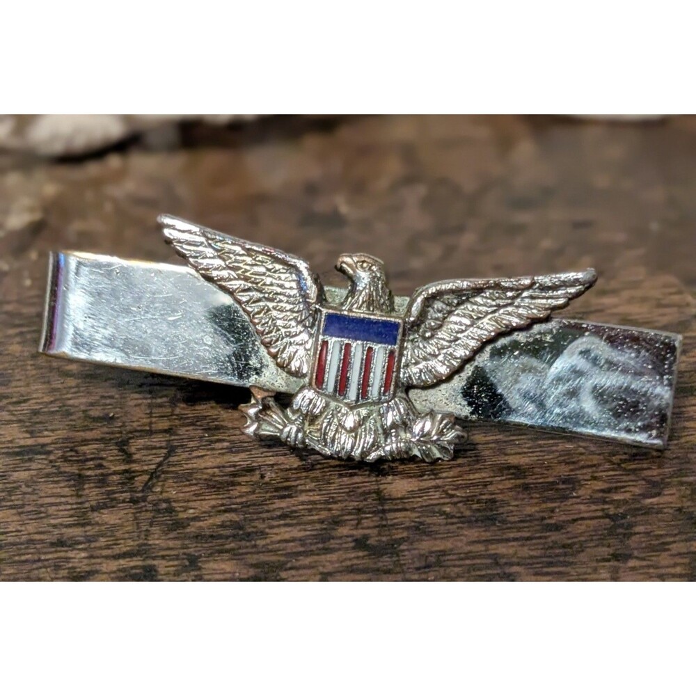 Vintage Hook Fast USA Patriotic Eagle Shield Silver Tone Tie Bar Clip 2 Inch